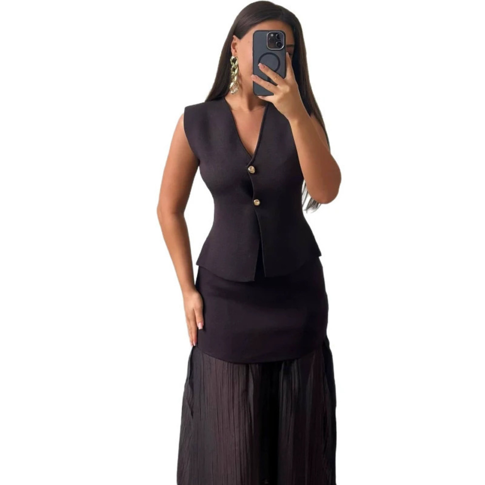 ZARA African Fashion Set Slim Fit Tank Top Sheer Pleated Maxi Skirt